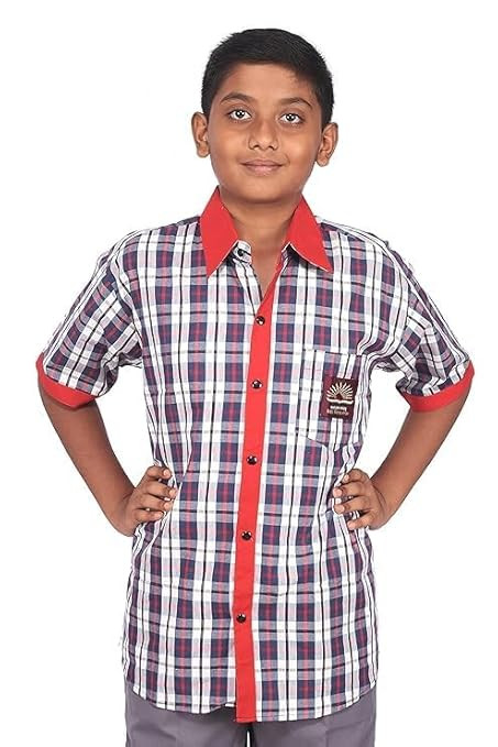 D V Enterprise Kendriya Vidyalaya School Uniform Shirt, 100% Cotton Half-Sleeve, Regular Fit, Red and Blue